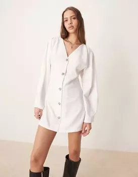 Мини-платье ASOS DESIGN с V-образным вырезом и рукавами-бочонками кремового цвета