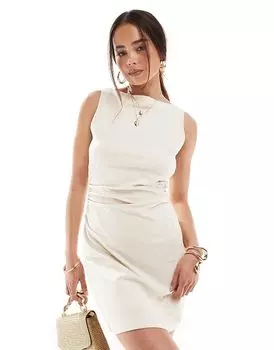 Мини-платье ASOS DESIGN с вырезом-лодочкой и сборками по бокам бежевого цвета