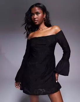 Мини-платье ASOS DESIGN с вырезом лодочкой и контрастными рукавами-буфами черного цвета