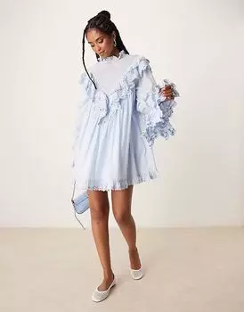 Мини-платье ASOS DESIGN с высоким воротом и косыми оборками нежно-голубого цвета