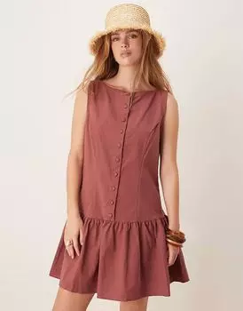 Мини-платье ASOS DESIGN с заниженной талией, застегивающееся на пуговицы, с прямым вырезом в бордовом цвете