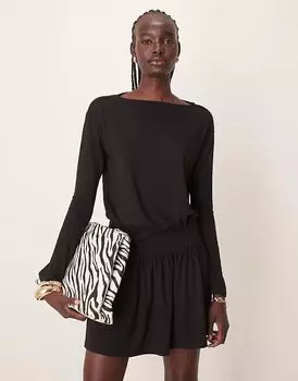 Мини-платье ASOS DESIGN с заниженной талией и вырезом-лодочкой, черное