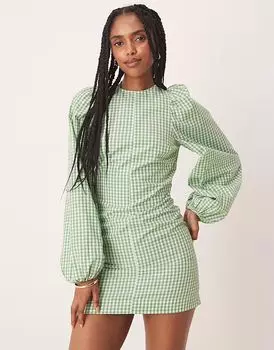 Мини-платье ASOS DESIGN с завязками на спине, облегающее и расклешенное, в зеленую клетку