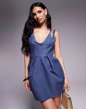 Мини-платье ASOS DESIGN со структурированным подолом тюльпана и отделкой стежками в темно-синем цвете
