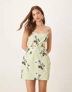 Мини-платье ASOS DESIGN со структурированным вырезом и бантом с цветочным принтом шалфея