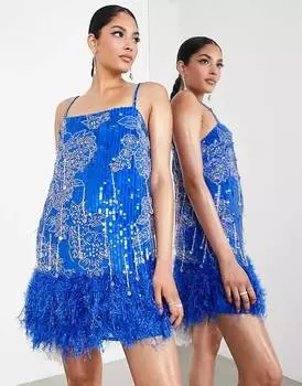 Мини-платье ASOS EDITION с цветочными блестками и бисером и подолом из искусственных перьев, ярко-синее