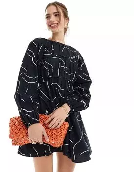 Мини-платье ASOS из черно-белого хлопкового поплина с абстрактным принтом и присборенной грудью