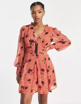 Мини-платье ASOS с длинными рукавами и цветочным принтом, присборенной талией, воротником с рюшами и юбкой-годе