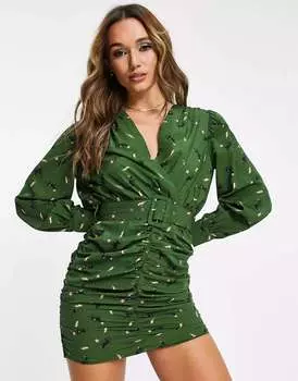Мини-платье ASOS с глубоким вырезом, поясом и зеленой юбкой со сборками