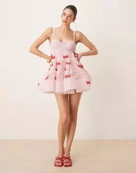 Мини-платье бэби-долл с аппликацией из кружева и бисера в розовом и красном цвете Lace & Beads