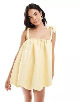 Мини-платье-баллон с открытыми плечами и завязками на бретелях из жаккарда лимонно-желтого цвета ASOS DESIGN