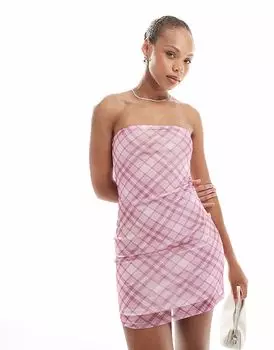 Мини-платье-бандо New Look в сеточку в клетку розового цвета