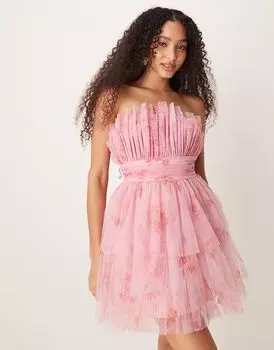 Мини-платье-бандо с кружевом и бусинами из тюля в несколько ярусов нежно-розового цвета с цветочным узором Lace & Beads