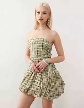 Мини-платье-бандо с пышной юбкой в светло-зеленую клетку Amy Lynn