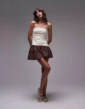 Мини-платье-бандо Topshop из смеси поплина в цвете экрю и коричневого цвета