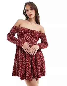 Мини-платье-бардо с принтом в виде цветка красного цвета ASOS DESIGN