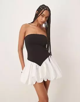 Мини-платье Bardot Vega без бретелек в черно-белом цвете