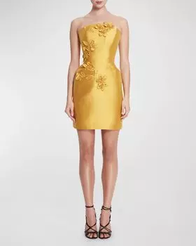 Мини-платье без бретелек с цветочной аппликацией Marchesa Notte, цвет Gold