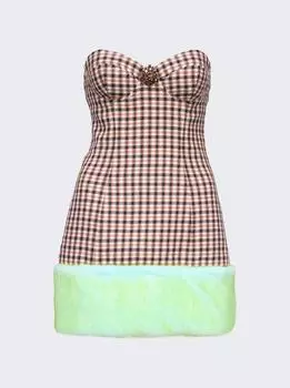 Мини-платье без бретелек с отделкой из искусственного меха AREA, цвет caramel