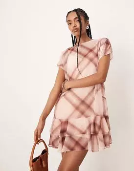 Мини-платье без рукавов ASOS DESIGN с оборками в розовую клетку