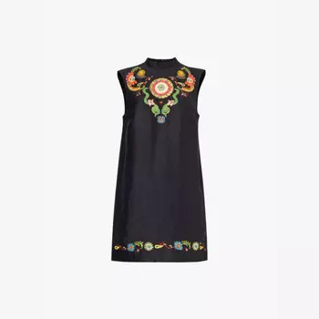 Мини-Платье без рукавов из льняной смеси с цветочной вышивкой Alemais, черный