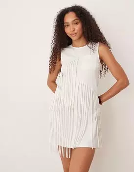 Мини-платье без рукавов с бахромой и карманами ASOS DESIGN белого цвета