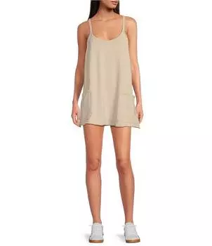 Мини-платье без рукавов с накладным карманом Free People FP Movement Hot Shot с круглым вырезом и накладными карманами, бежевый