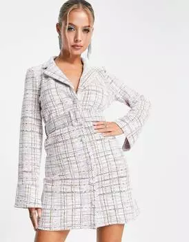 Мини-платье-блейзер с поясом в розовую клетку ASOS DESIGN
