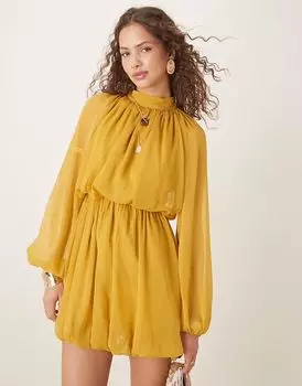 Мини-платье-блузон ASOS DESIGN с длинными рукавами и юбкой цвета охры