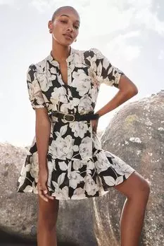 Мини платье Brinkley с рукавами фонариками и льняной отделкой Forever New, черный