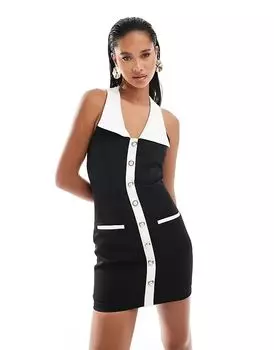 Мини-платье черного цвета с контрастным воротником-халтер и отделкой из жемчужных пуговиц Kaiia