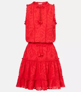 Мини-платье Clara из хлопка с вышивкой ришелье Poupette St Barth, Geranium Red Plain