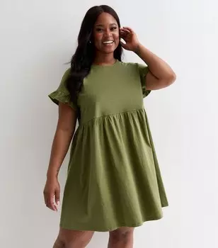 Мини-платье цвета хаки с короткими рукавами и оборками Curves New Look, хаки