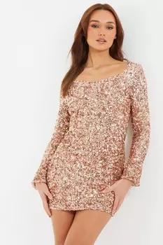Мини-платье цвета шампанского с пайетками и рукавами-фонариками QUIZ Clothing