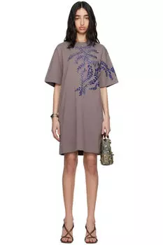 Мини-платье цвета тауп с вышивкой Dries Van Noten