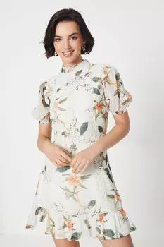 Мини-платье Dobby из шифона с кружевной отделкой и цветочным принтом Oasis, оранжевый