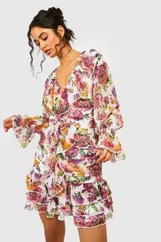 Мини-платье dobby с вырезами и рюшами Boohoo, кремовый