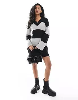 Мини-платье-джемпер с v-образным вырезом в серую и черную полоску Threadbare