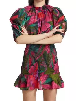 Мини-платье Farm Rio длинные рукава midnight leaves, красный