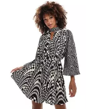 Мини-платье Fern с высоким воротом, складками и завязками на талии, с монохромным принтом French Connection