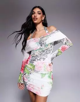 Мини-платье fionna с вырезом халтер и сборками в цветочек с принтом зебры AFRM