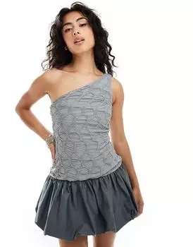 Мини-платье-гибрид на одно плечо с текстурированным верхом в рубчик серого цвета ASOS DESIGN