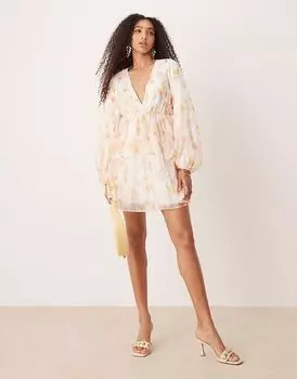 Мини-платье Gina Tricot с длинными рукавами и V-образным вырезом с акварельным принтом