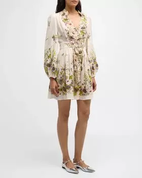 Мини-платье Halliday с глубоким вырезом Zimmermann, цвет Cream Multi Floral