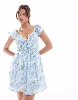 Мини-платье Hollister с короткими рукавами, присборенной талией и цветочным принтом