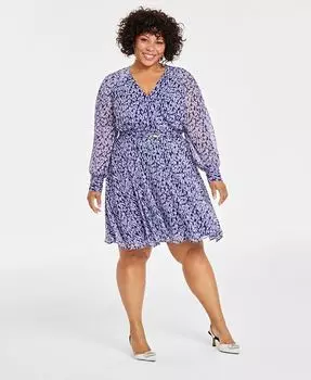 Мини-платье INC Plus Size с длинными рукавами и поясом I.N.C. International Concepts, синий