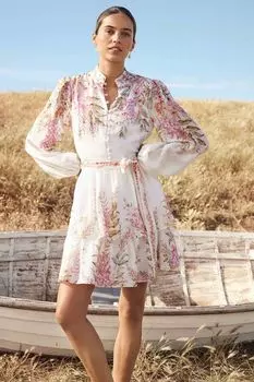 Мини-Платье Isla с длинными рукавами и льняным принтом Forever New, белый