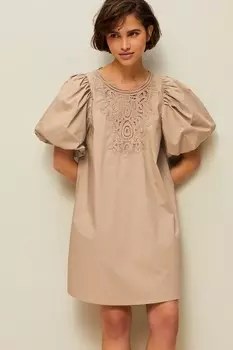 Мини-Платье из 100 % хлопкового поплина со вставками связанными крючком и рукавами-буфами Next, бежевый