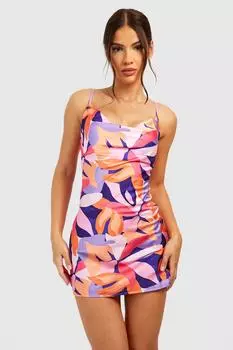 Мини-платье из абстрактного атласа с хюзом Boohoo, фиолетовый
