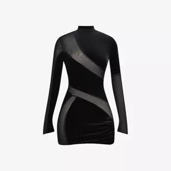 Мини-Платье из эластичного бархата с высоким воротом и длинными рукавами Mistress Rocks, черный